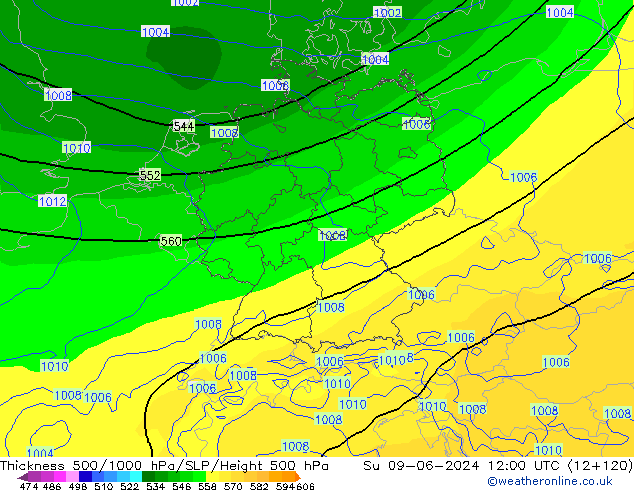 Dikte 500-1000hPa ECMWF zo 09.06.2024 12 UTC