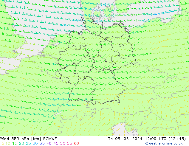 wiatr 850 hPa ECMWF czw. 06.06.2024 12 UTC