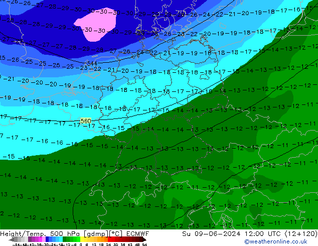 Z500/Regen(+SLP)/Z850 ECMWF zo 09.06.2024 12 UTC