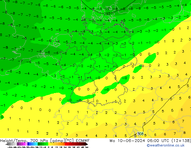 Geop./Temp. 700 hPa ECMWF lun 10.06.2024 06 UTC