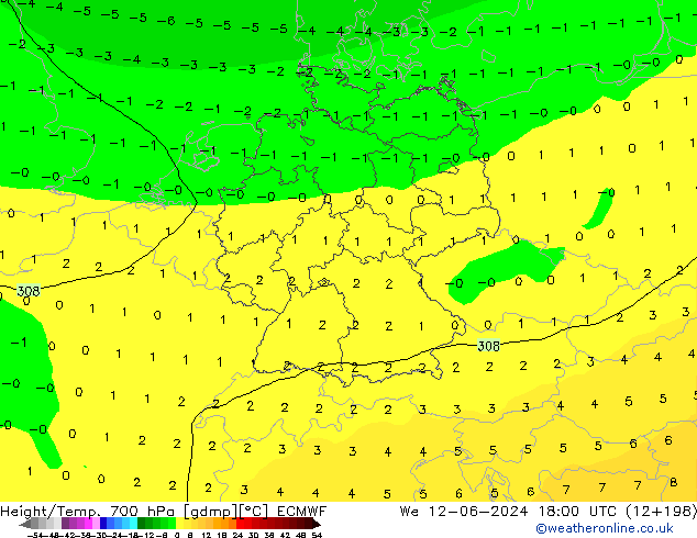 Height/Temp. 700 hPa ECMWF We 12.06.2024 18 UTC