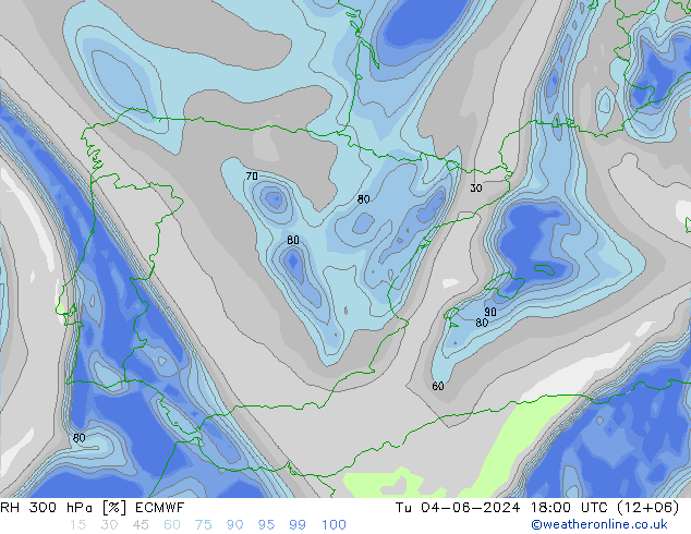 RH 300 hPa ECMWF Út 04.06.2024 18 UTC