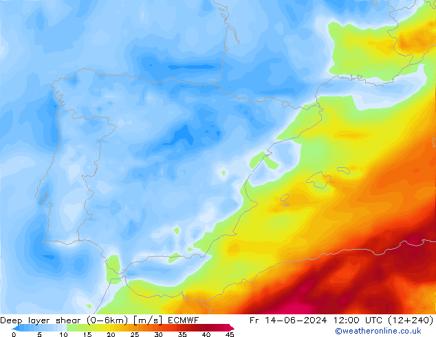 Deep layer shear (0-6km) ECMWF  14.06.2024 12 UTC