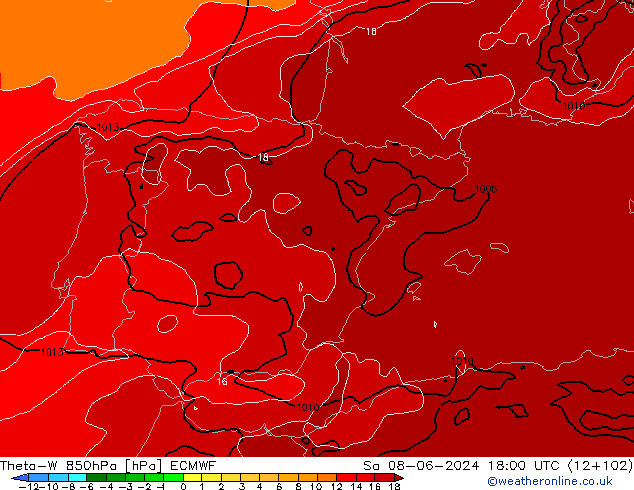 Theta-W 850hPa ECMWF so. 08.06.2024 18 UTC