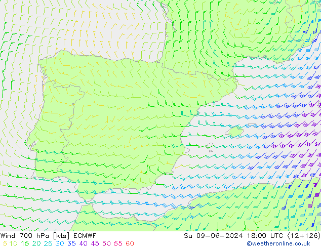 Wind 700 hPa ECMWF zo 09.06.2024 18 UTC