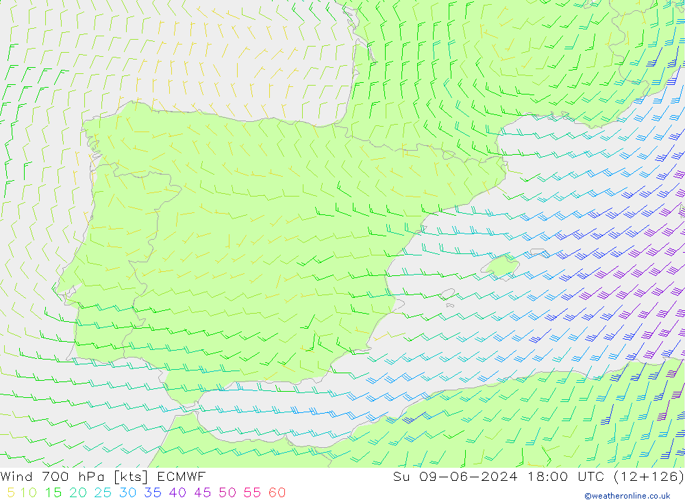 Rüzgar 700 hPa ECMWF Paz 09.06.2024 18 UTC