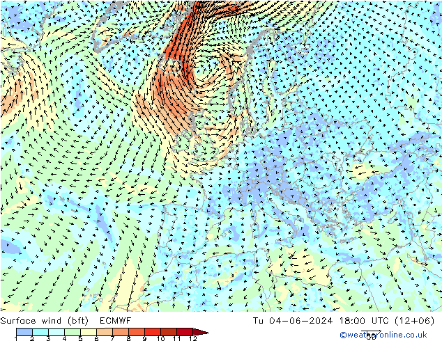 ве�Bе�@ 10 m (bft) ECMWF вт 04.06.2024 18 UTC