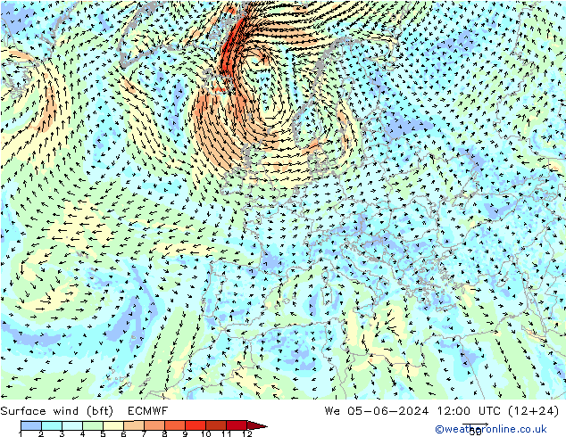 Wind 10 m (bft) ECMWF wo 05.06.2024 12 UTC