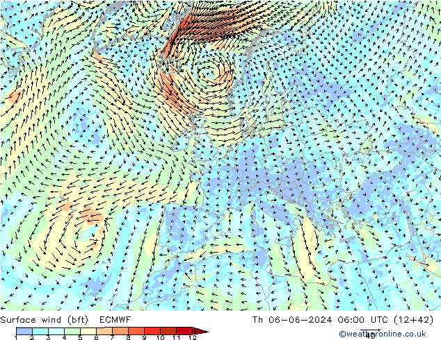 Vento 10 m (bft) ECMWF gio 06.06.2024 06 UTC