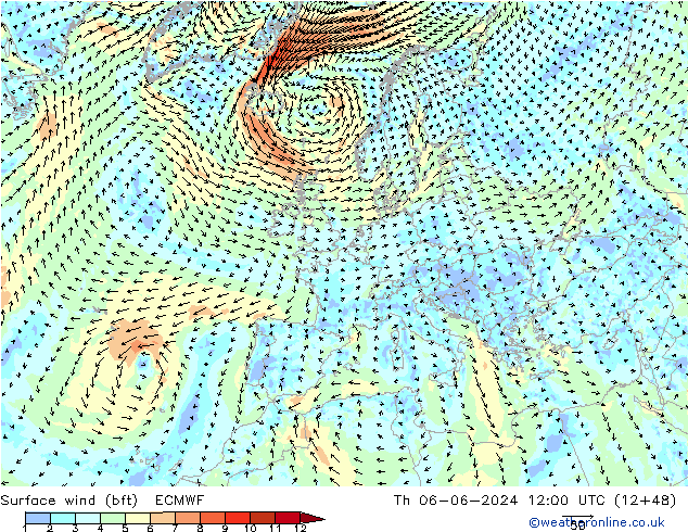 Bodenwind (bft) ECMWF Do 06.06.2024 12 UTC