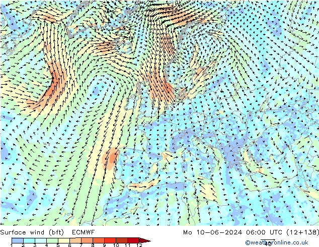 Surface wind (bft) ECMWF Po 10.06.2024 06 UTC