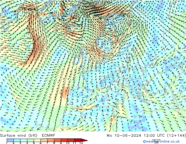 ве�Bе�@ 10 m (bft) ECMWF пн 10.06.2024 12 UTC