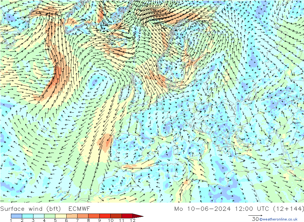 ве�Bе�@ 10 m (bft) ECMWF пн 10.06.2024 12 UTC