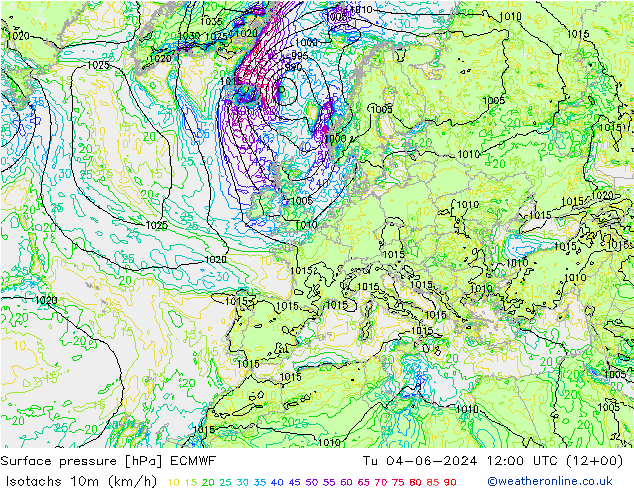 Isotachs (kph) ECMWF Tu 04.06.2024 12 UTC