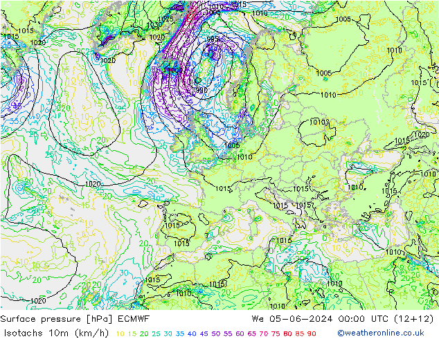 Isotachen (km/h) ECMWF Mi 05.06.2024 00 UTC