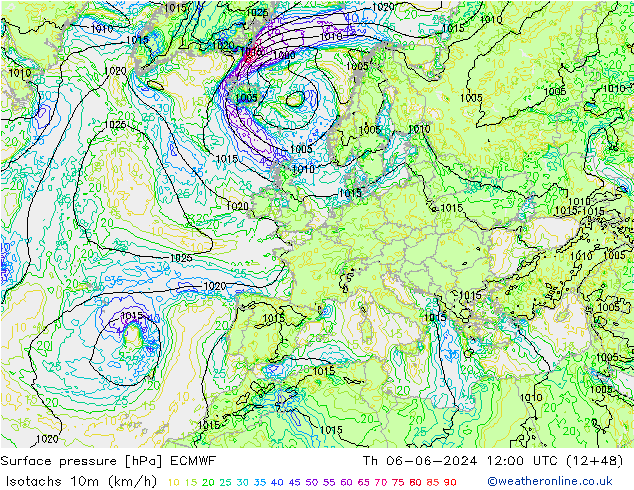 Izotacha (km/godz) ECMWF czw. 06.06.2024 12 UTC