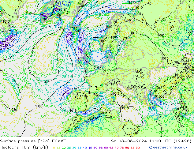 Isotachs (kph) ECMWF Sáb 08.06.2024 12 UTC