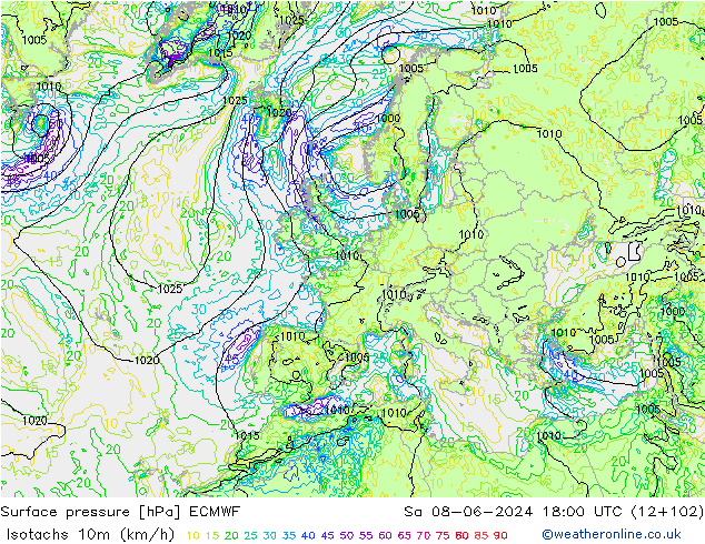 Isotachs (kph) ECMWF sab 08.06.2024 18 UTC