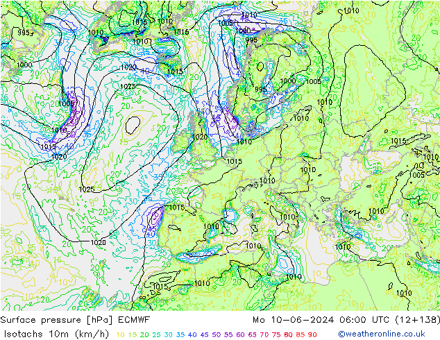 Isotachs (kph) ECMWF Seg 10.06.2024 06 UTC