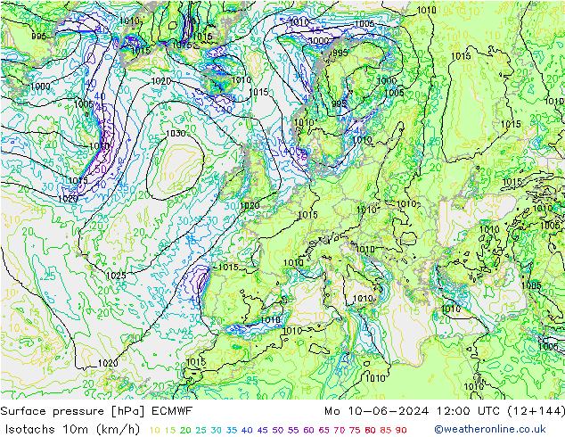 Isotachen (km/h) ECMWF Mo 10.06.2024 12 UTC