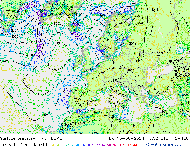 Isotachs (kph) ECMWF Po 10.06.2024 18 UTC