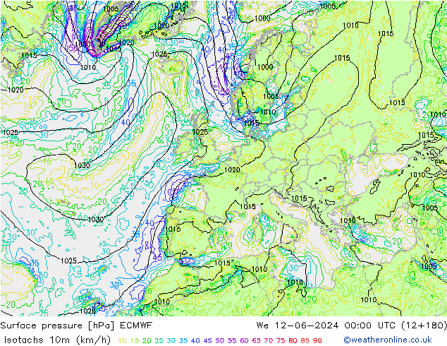 Isotachs (kph) ECMWF Qua 12.06.2024 00 UTC