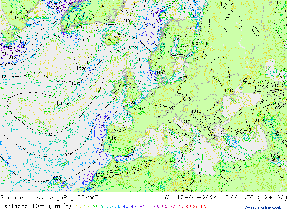 Isotachs (kph) ECMWF We 12.06.2024 18 UTC