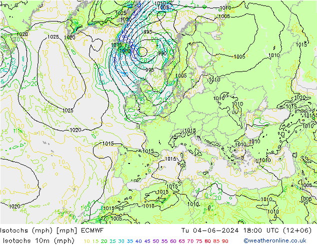 Isotachs (mph) ECMWF Út 04.06.2024 18 UTC