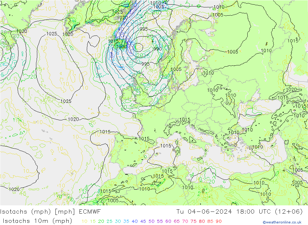 Isotachen (mph) ECMWF Di 04.06.2024 18 UTC