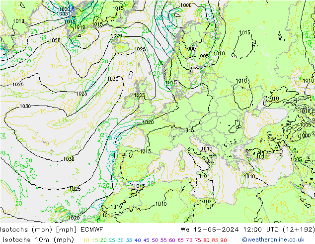 Isotachen (mph) ECMWF Mi 12.06.2024 12 UTC