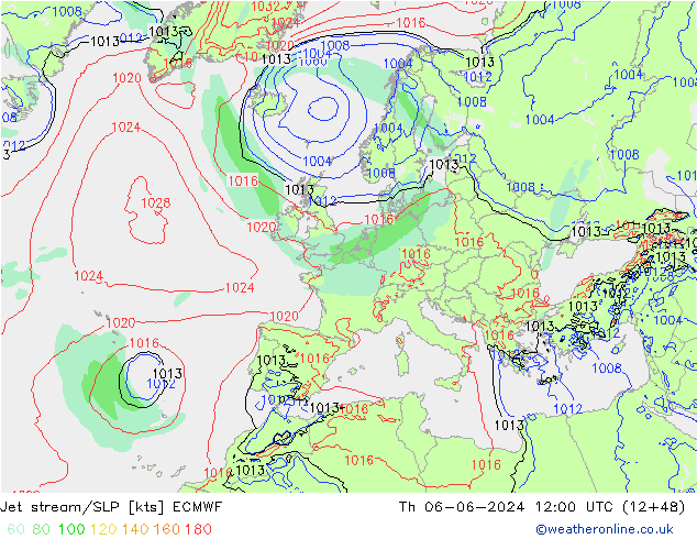 Jet stream/SLP ECMWF Th 06.06.2024 12 UTC