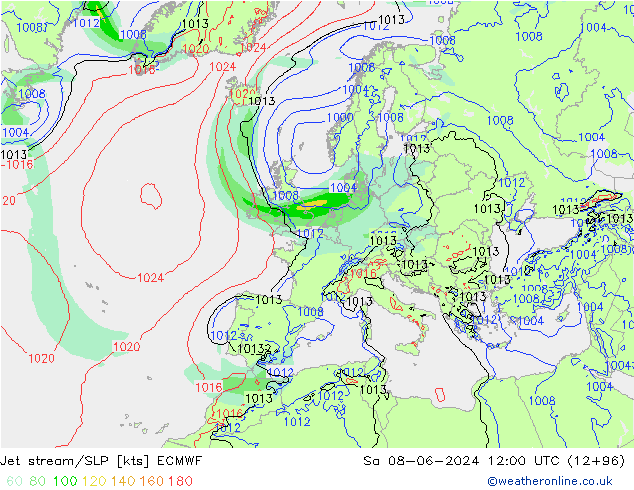 Prąd strumieniowy ECMWF so. 08.06.2024 12 UTC