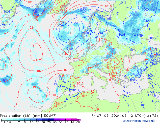 Z500/Rain (+SLP)/Z850 ECMWF Fr 07.06.2024 12 UTC