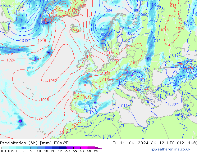 Z500/Rain (+SLP)/Z850 ECMWF Tu 11.06.2024 12 UTC