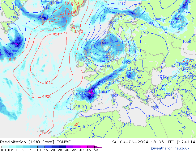 Precipitation (12h) ECMWF Su 09.06.2024 06 UTC