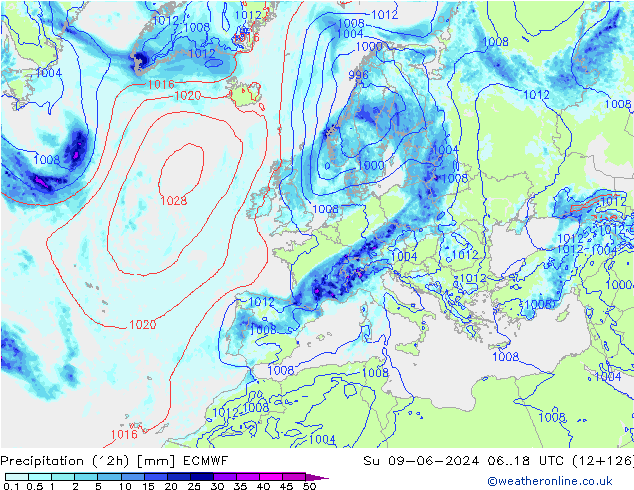 осадки (12h) ECMWF Вс 09.06.2024 18 UTC