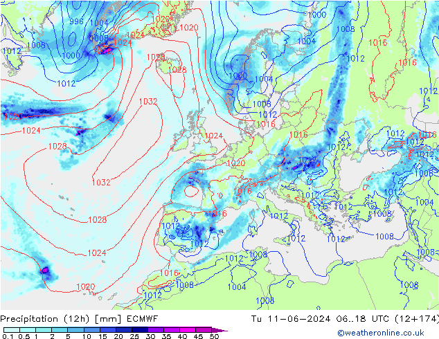 осадки (12h) ECMWF вт 11.06.2024 18 UTC