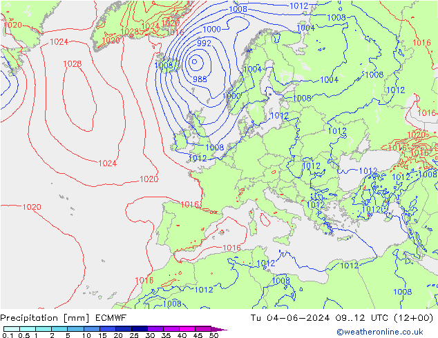Srážky ECMWF Út 04.06.2024 12 UTC