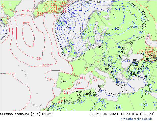 Surface pressure ECMWF Tu 04.06.2024 12 UTC