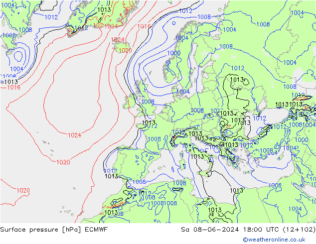 Surface pressure ECMWF Sa 08.06.2024 18 UTC