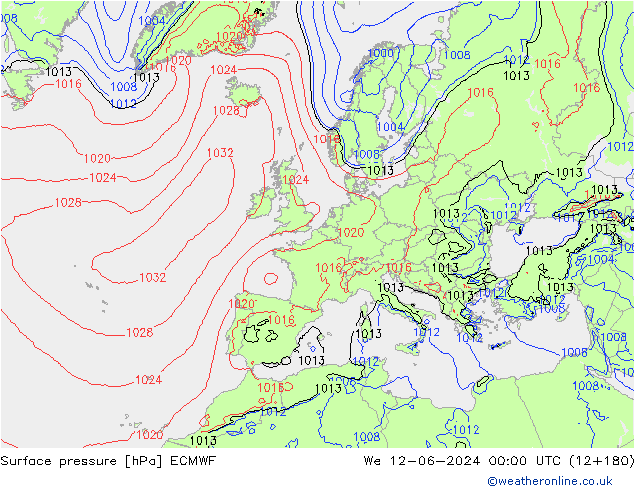 Pressione al suolo ECMWF mer 12.06.2024 00 UTC