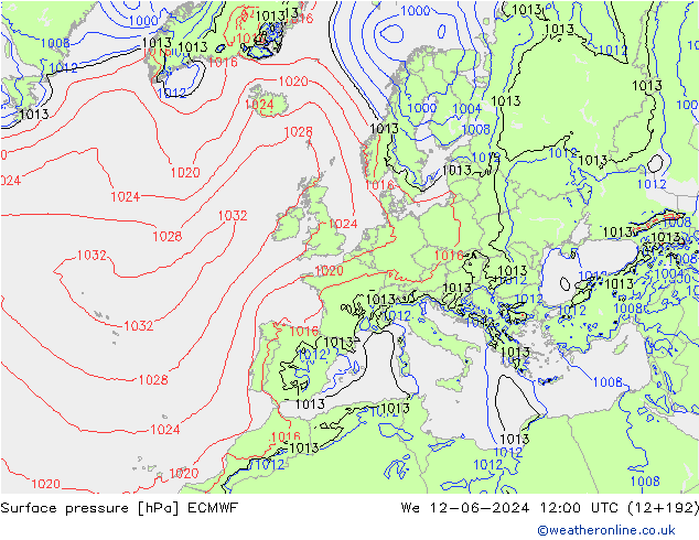 Surface pressure ECMWF We 12.06.2024 12 UTC