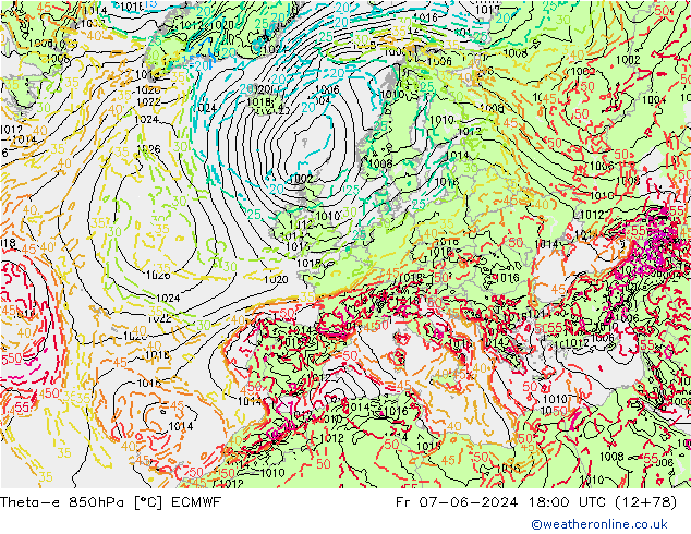 Theta-e 850hPa ECMWF Sex 07.06.2024 18 UTC