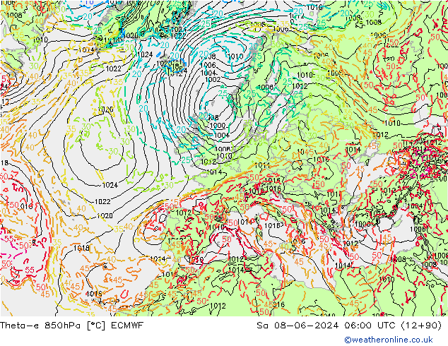 Theta-e 850hPa ECMWF Sa 08.06.2024 06 UTC