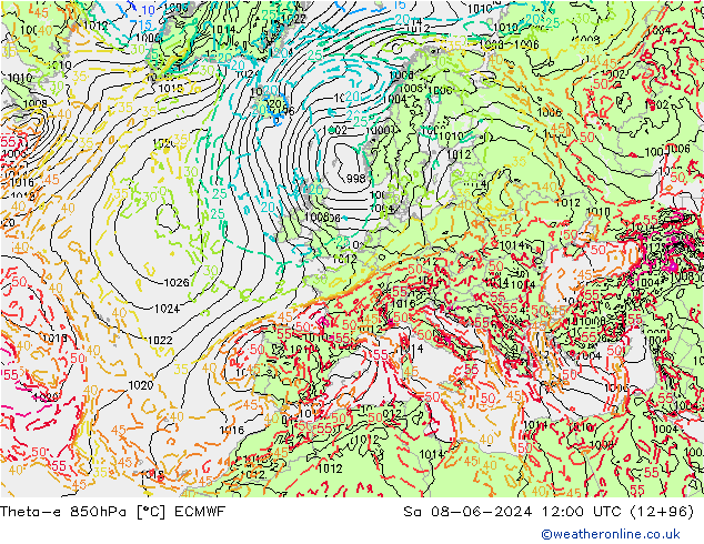 Theta-e 850hPa ECMWF Sáb 08.06.2024 12 UTC