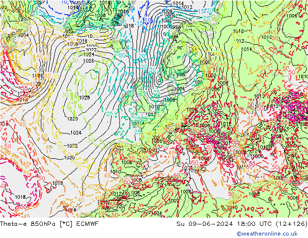 Theta-e 850hPa ECMWF dom 09.06.2024 18 UTC