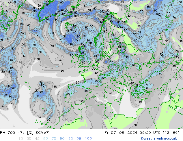 Humedad rel. 700hPa ECMWF vie 07.06.2024 06 UTC