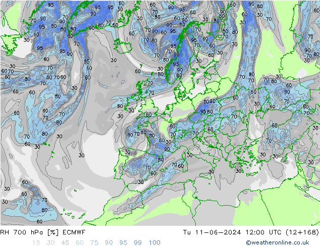 Humedad rel. 700hPa ECMWF mar 11.06.2024 12 UTC