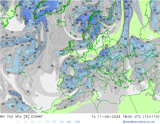 RH 700 hPa ECMWF Tu 11.06.2024 18 UTC