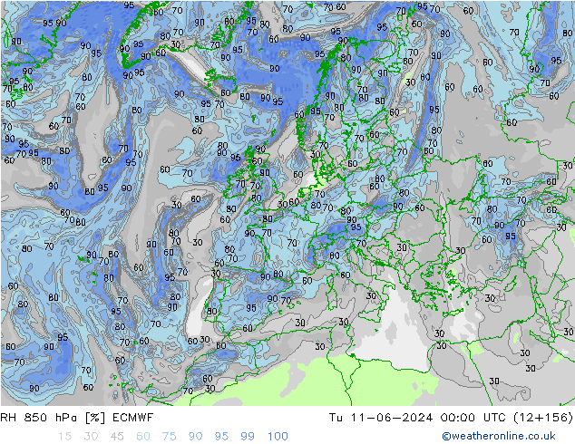 RH 850 hPa ECMWF Út 11.06.2024 00 UTC